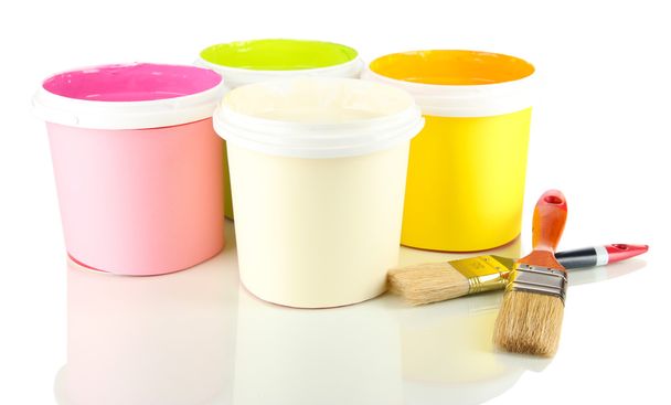 Paint pots and brushes isolated on white - Photo, Image
