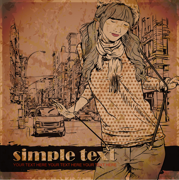 Cute fashion girl on a street background. Hand drawn vector illustration. - Vetor, Imagem