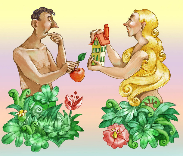 adamo пропонує яблучну Єву хоче будинок абстрактна гумористична ілюстрація
 - Фото, зображення