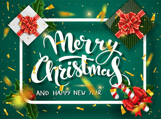 Christmas green design vector template. Calligraphic Merry Christmas Lettering Decorated. Christmas poster template. Vector illustration EPS10 - Вектор,изображение