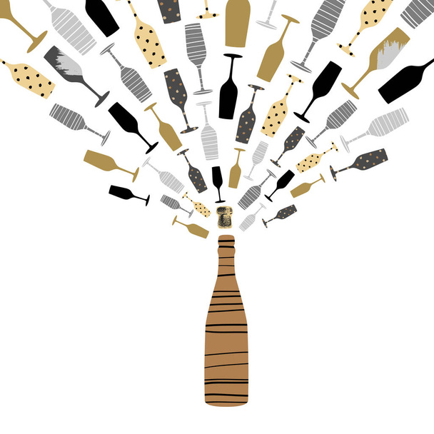 Vector illustration of champagne bottle with splash. Greeting card, postcard art design. - Vecteur, image