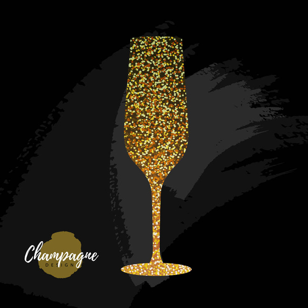 Champagne glass vector icon. Golden sparkle champagne glass on black background - Vektör, Görsel
