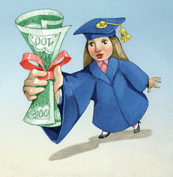 ein als Absolventin gekleidetes Mädchen hält hoch über dem Diplom, das eine Banknote ist - Foto, Bild