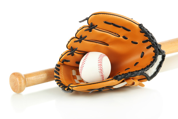 Baseball glove, bat and ball isolated on white - Φωτογραφία, εικόνα