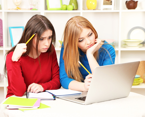 Two girl friends talking and studying in kitchen - Foto, imagen