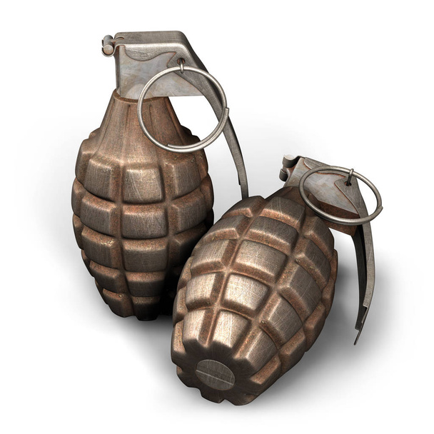 Illustrazione 3D di due granate a mano MK2 su sfondo bianco
 - Foto, immagini