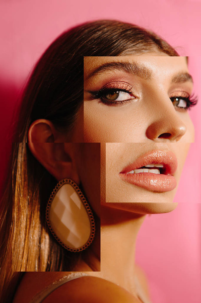 Концептуальный художественный портрет девушки на розовом фоне с макияжем
 - Фото, изображение