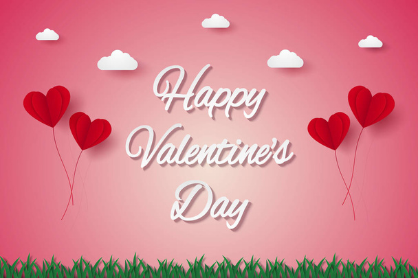 De dag van Valentijnskaarten, illustratie van liefde, belettering en rood hart ballonnen vliegen op gras, papier kunststijl - Vector, afbeelding