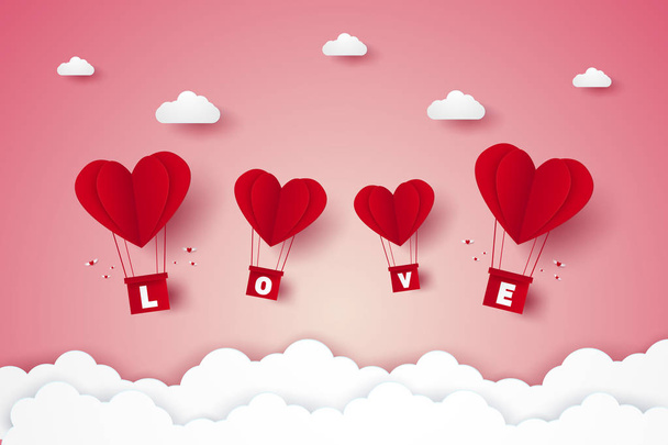 Walentynki, ilustracja miłość, czerwone serce gorące powietrze balony z napisem latające na niebie, styl sztuki papieru - Wektor, obraz