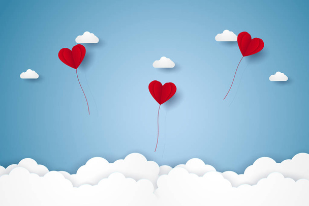 バレンタインの日、紙の芸術スタイル、空を飛んでいる愛、赤いハートの風船のイラスト - ベクター画像