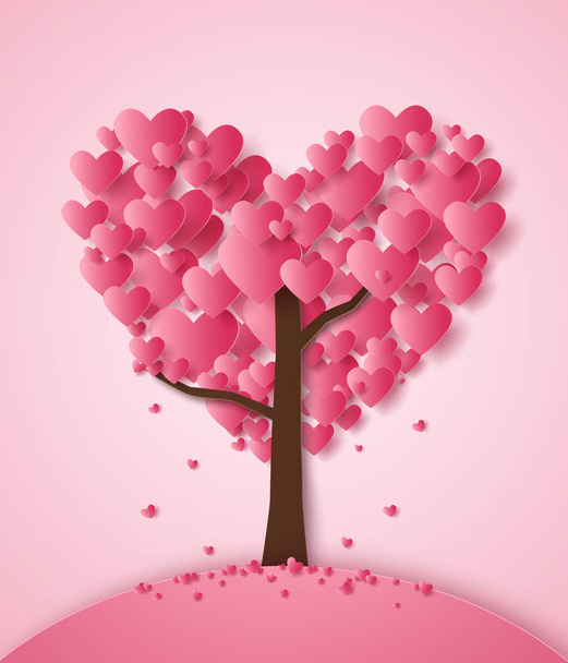 Valentinstag, Illustration der Liebe, rosa Herz fällt vom Baum, Papierkunst - Vektor, Bild