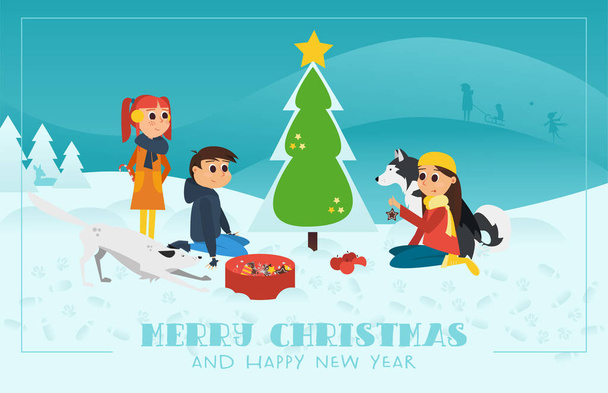 Vector Illustration: Christmas Greeting Card with text Merry Christmas and Happy New Year. Children with Dogs Decorating the Chrismas Tree in Snowy Landscape. - Vektori, kuva