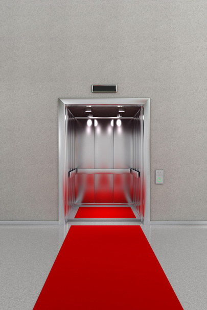 Ascensor abierto con alfombra roja
 - Foto, imagen