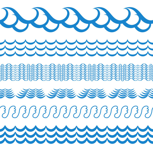 Blaues Meerwasser Wellen Vektor nahtlose Grenzen, horizontale Aqua-Elemente oder Gezeitenlinien Sammlung. Satz von dekorativen, wellenförmigen Trennwellen, Rahmen oder Pinsel isoliert auf weißem Hintergrund - Vektor, Bild