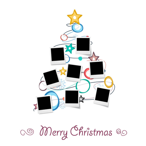 Christmas tree with photos, blank frames. Vector template with pictures to insert - Vector, Image