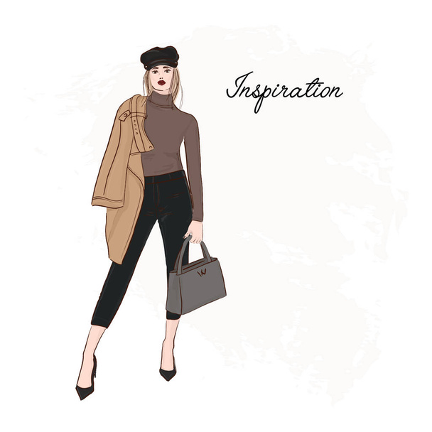 Girl in trendy cap, coat, pants and sweater sketch. Business model runaway poster. Hand drawn girl in glamour street clothes. Fashion illustration - Διάνυσμα, εικόνα