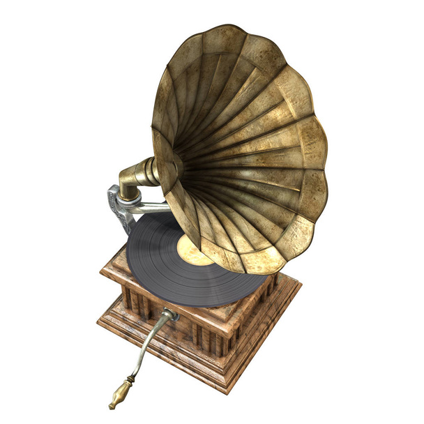 ilustracja 3D vintage i klasyczny gramofon na białym tle - Zdjęcie, obraz