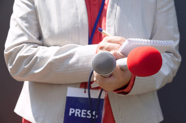 Kobiece dziennikarz na konferencji prasowej, Pisanie notatek, trzymając mikrofon - Zdjęcie, obraz