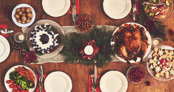 High angle view of table served for Christmas family dinner - Photo, Image