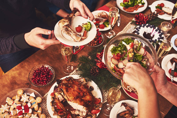 High angle view of table served for Christmas family dinner - Photo, Image