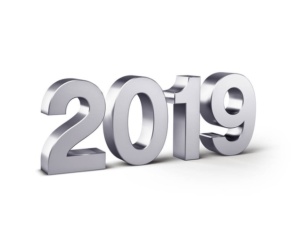 Új év 2019 dátum száma, ezüst színű, és elszigetelt fehér - 3D-s illusztráció - Fotó, kép