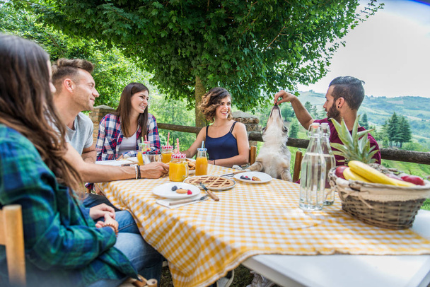 Happy cheerful  group of friends having breakfast in a farmhouse - Young people eating in the garden, concepts about healthy lifestyle and food - Fotoğraf, Görsel