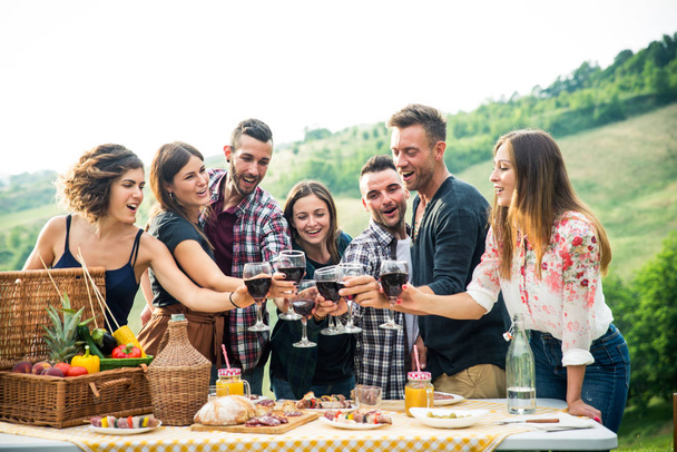 Group of young happy friends having pic-nic outdoors - People having fun and celebrating while grilling ata barbacue party in a countryside - Foto, Imagem