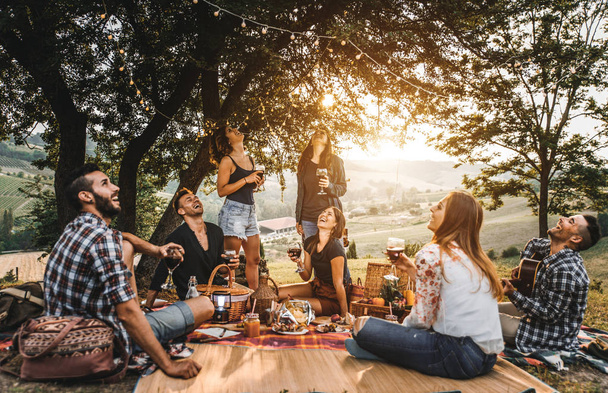 Group of friends making barbecue in the nature - Happy people having fun on a pic-nic in the countryside - Fotoğraf, Görsel