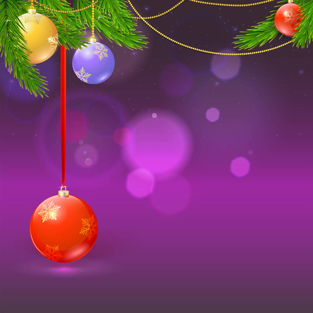 Winter New Year background with Christmas balls, fir branches and effect of bokeh. Template for Christmas holiday events, invitation for holiday party. Vector illustration, eps10 - ベクター画像