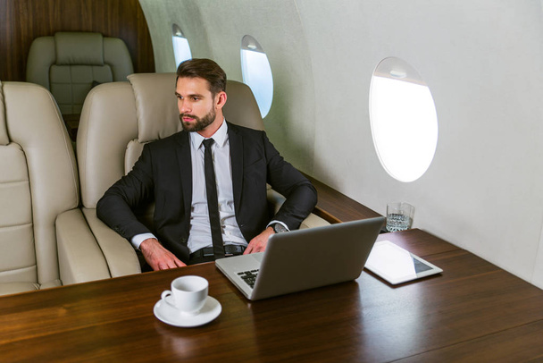 Businessman working while travelling on private jet - Portrait of business people taking a first class flight for work, concepts about business and mobility - Фото, зображення