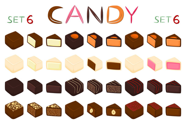 Beautiful big set of colorful chocolate desserts from candies. Candy consisting of milk chocolate covered sweet stuffed nougat. Chocolate candy collection of different shapes and kinds out tasty food - Vector, Image
