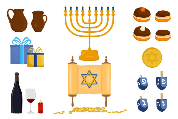 Ilustración vectorial para Hanukkah es gran fiesta judía. Patrón de Janucá que consiste en la estrella de David, donas sufganiyot, menorá decoración, jarra de barro con aceite. Feliz celebración del hanukkah judío
 - Vector, imagen