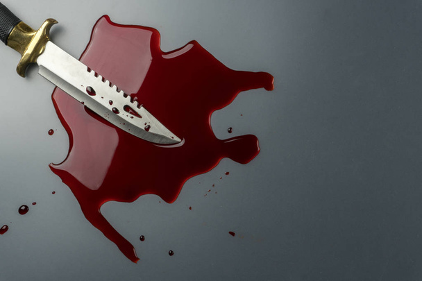 Концепция места преступления, крупным планом боевого ножа в луже крови
 - Фото, изображение