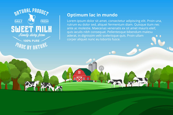 Ilustración de leche vectorial con salpicaduras de leche sobre un fondo, paisaje rural con vacas, terneros y granja
. - Vector, imagen