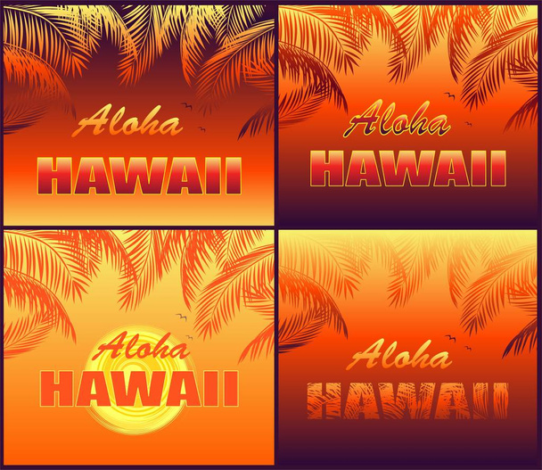 T ing forró trópusi nyomtatványok készlet-val betűk, sirály, a nap, a naplemente és narancssárga Pálma levelek sziluettek Aloha Hawaii - Vektor, kép