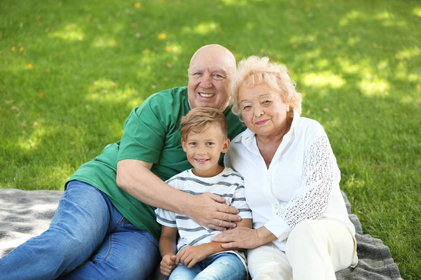 Happy elderly couple with grandson in park - Foto, afbeelding