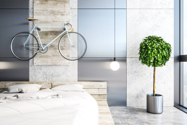 Hipster bedroom interior with furniture, decorative items and daylight. 3D Rendering  - 写真・画像