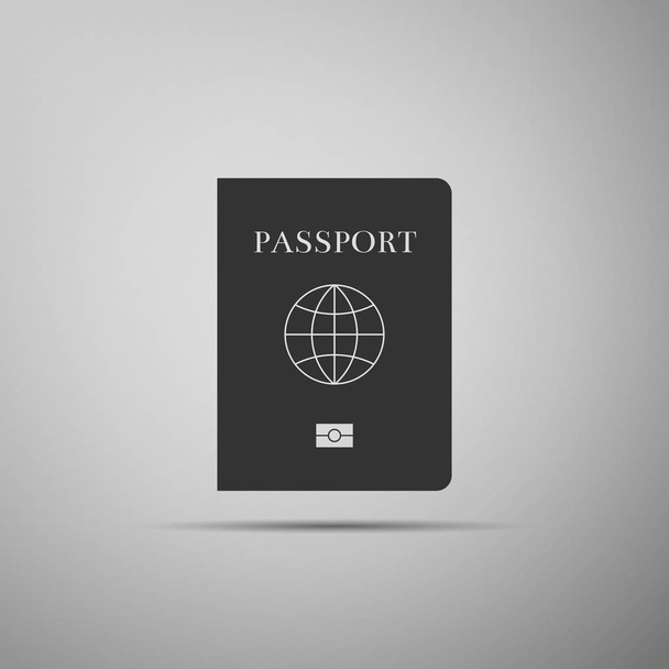 Διαβατήριο με βιομετρικά στοιχεία εικονίδιο απομονώνονται σε γκρι φόντο. Έγγραφο ταυτοποίησης. Επίπεδη σχεδίαση. Εικονογράφηση διάνυσμα - Διάνυσμα, εικόνα