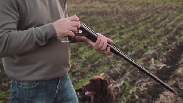 Muž lovec nabíjení dvouhlavňová brokovnice s kazetami. 16 měřidlo - Záběry, video