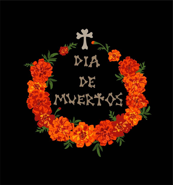 Отпечаток футболки ко Дню мертвых с красным и оранжевым цветочным венком и начертанием ручной надписи dia de muertos
 - Вектор,изображение