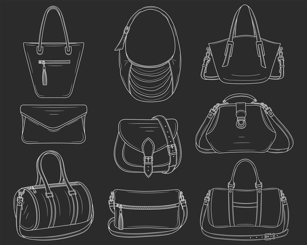 Women fashion handbags collection, vector sketch illustration. - Vector, Image