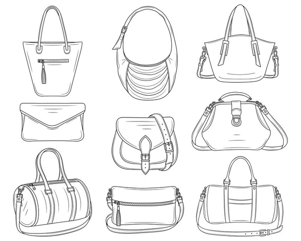 Women fashion handbags collection, vector sketch illustration. - Vetor, Imagem