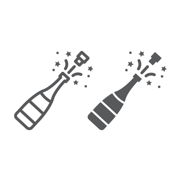 Champagne bottle pop line and glyph icon - Vector, Image