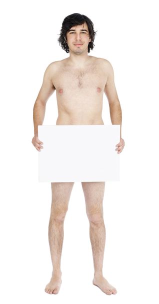 απομονωμένη καυκάσιος ενηλίκων γυμνό άνθρωπος κρατάει πινακίδα - Φωτογραφία, εικόνα