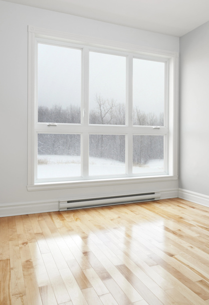pusty pokój i zimowy krajobraz widać przez okno - Zdjęcie, obraz