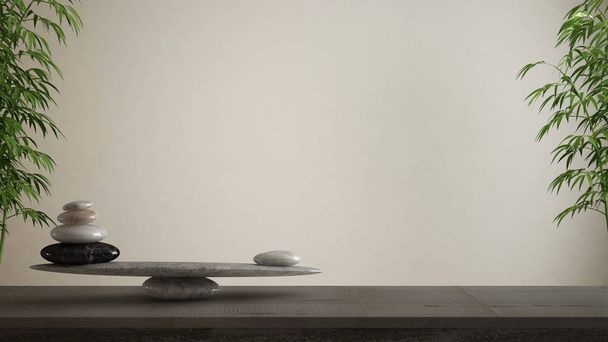 Empty interior design concept, feng shui, zen idea, wooden vintage table or shelf with marble stone balance over blank white background copy space - 写真・画像