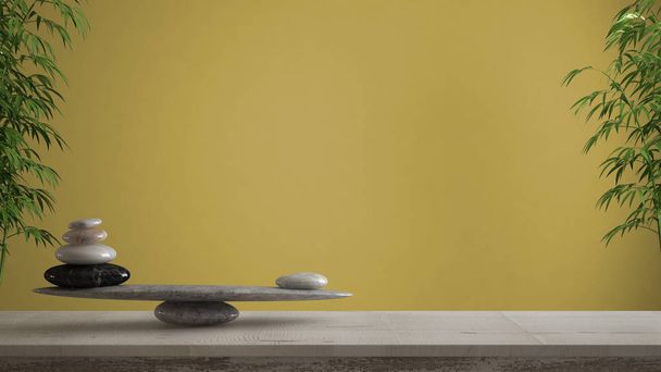 Conceito de design de interiores vazio, feng shui, ideia zen, mesa vintage de madeira ou prateleira com equilíbrio de pedra de mármore sobre espaço de cópia de fundo amarelo
 - Foto, Imagem