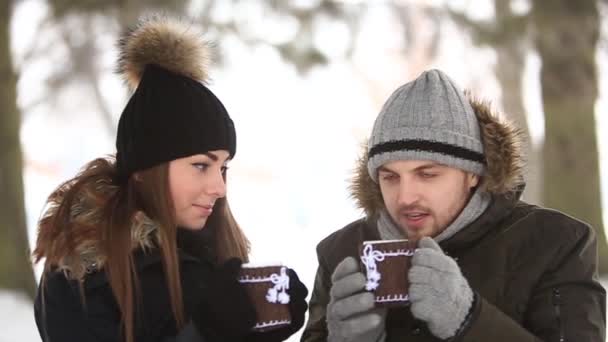 Una pareja joven en un invierno de cuento de hadas se calienta con una bebida caliente. Humor navideño
 - Imágenes, Vídeo
