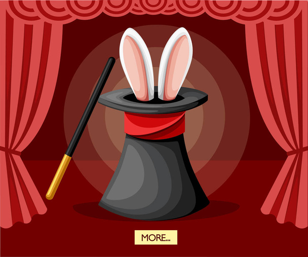 Grote zwarte magie muts met oren van het konijn. Rode gordijnen op het podium. Toverstaf. Platte vectorillustratie op rode achtergrond. - Vector, afbeelding