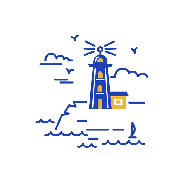 Lighthouse logo design. Flat and line style vector illustration. Template with seaside and lighthouse. Travel concept. - Vector, Imagen